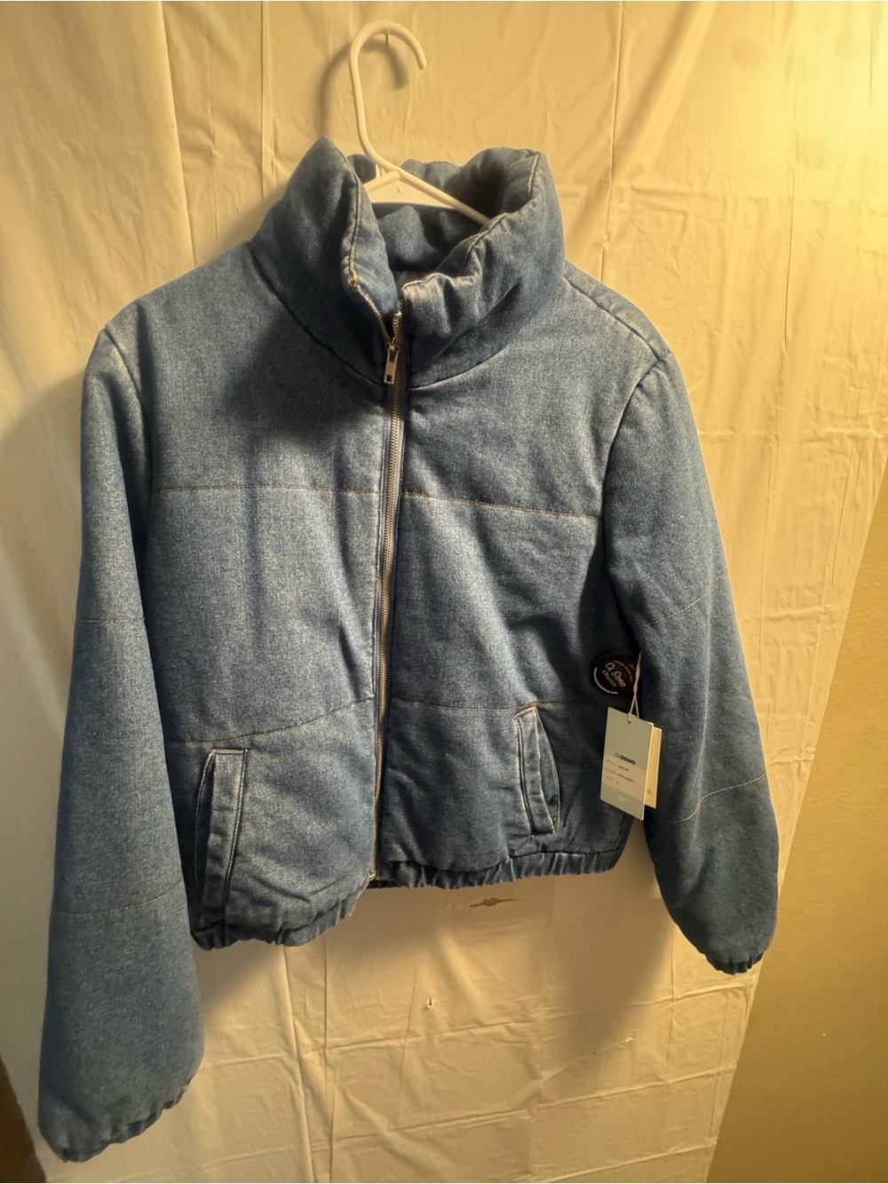 Women's Light Blue Puffer Bomber Jacket with Stand Collar
